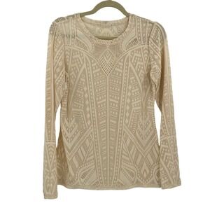 BCBGMAXAZRIA Lace Blouse Top Blouse Beige Cream Long Sleeve Sheer Pullover M